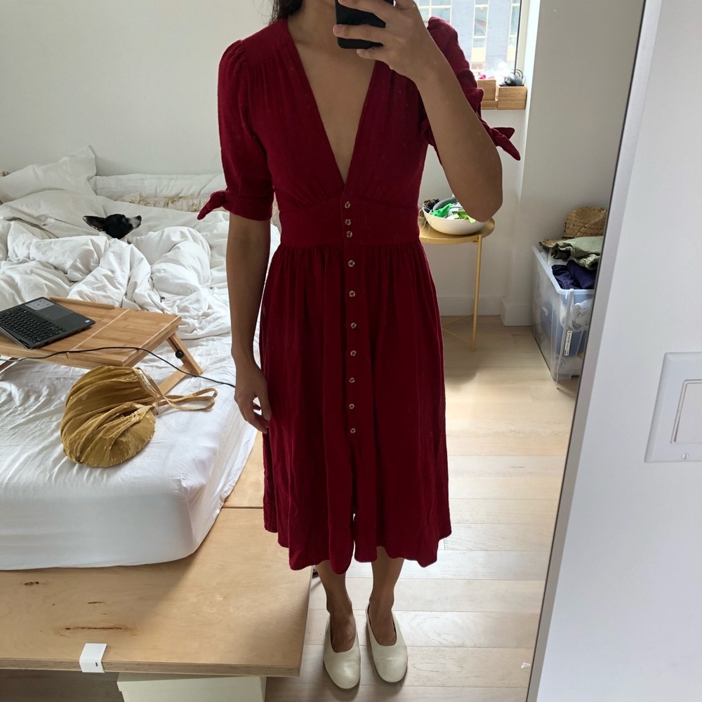 Free People Midi Red Dress Low V Cut XS